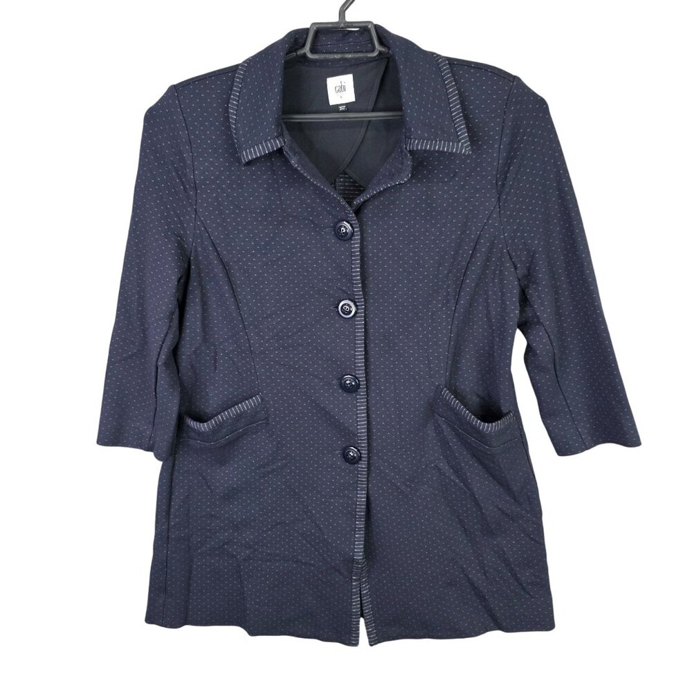 Womens Cabi Navy Blue Button Up Blazer Jacket 3/4 Sleeves Rayon Blend Size L
